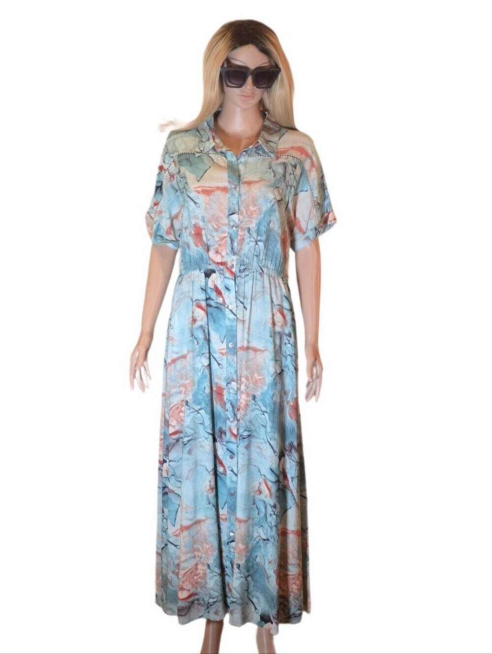 Soft Surroundings Ava Embroidered Maxi Dress Blue Teal Watercolor Boho Sz Medium